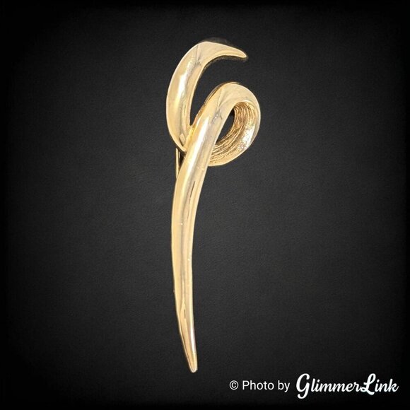 Vintage Modernist Long Polished Swirl Squiggle Gold Tone Brooch - Picture 2 of 9